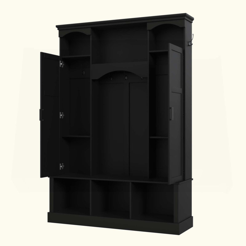 Modern All-In-One Hall Tree With Adjustable Shelves, Classic Arched Farmhouse Storage Bench With Dual Side Cabinets, Elegant Entryway Organizer With 7 Hooks For Mudroom, Hallway