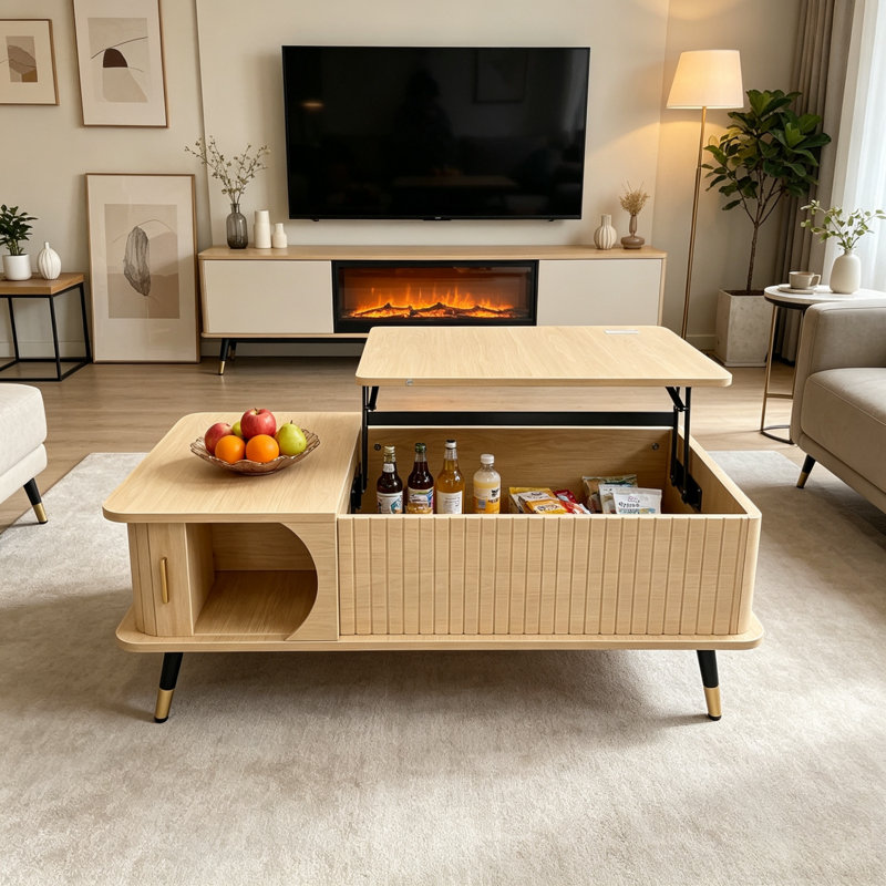 Table basse à plateau relevable en bois avec compartiment caché, Naturel