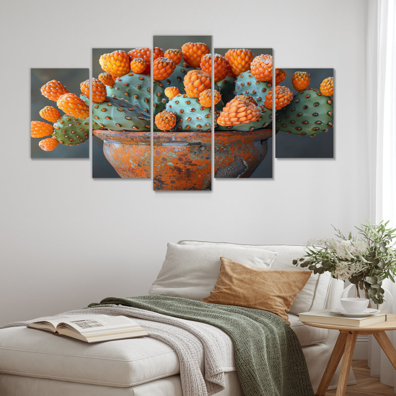 Orange orange vert, photo monochrome de cactus dans un vase I - ensemble d'art mural floral cactus