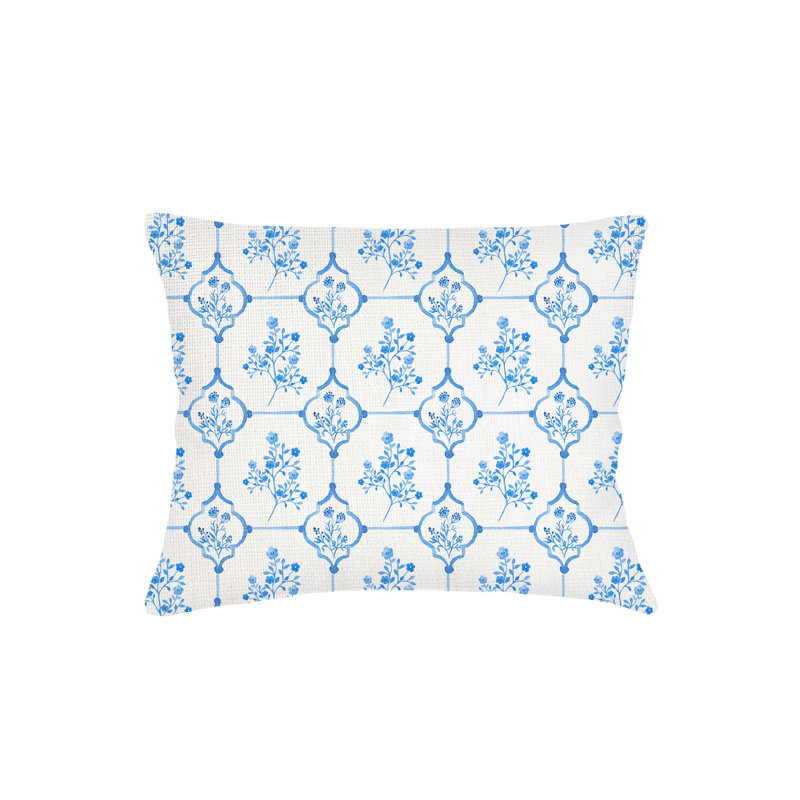 Blue French Toile Linen Pillow 14x40 with Down Insert, Rectangle 28" H x 36" W, Polyester