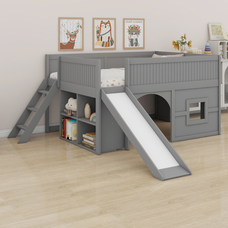 Lit mezzanine bas fonctionnel avec glissade et tablettes intégrées, Gris