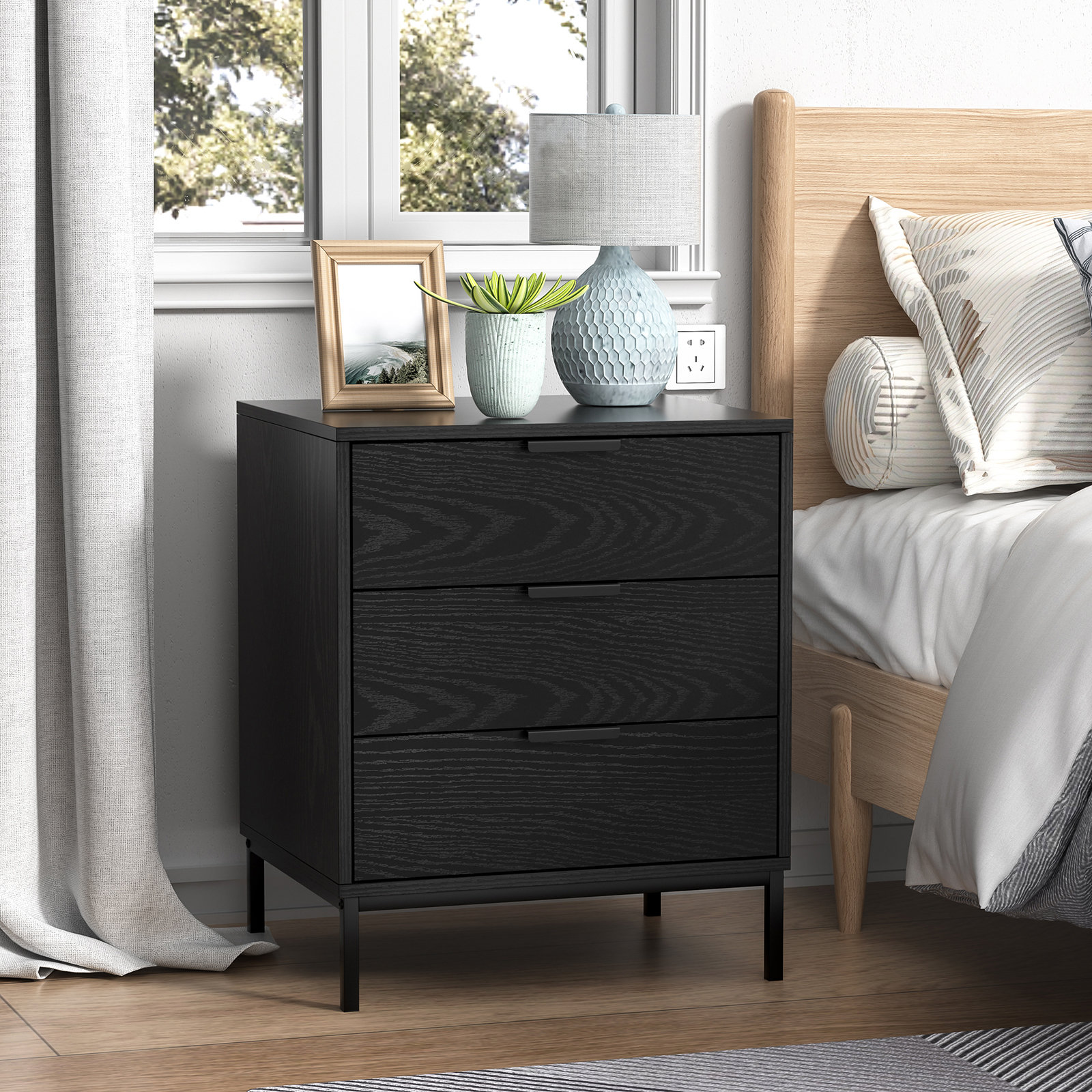 Ebern Designs Chau 3 - Drawer Nightstand 20'' W Black Bedroom nightstand - Wayfair Canada