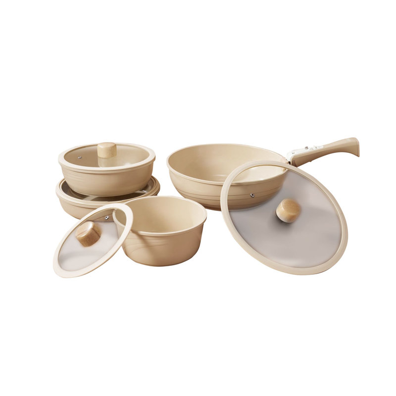14-Piece Premium Cookware Set, Cream Color | 100% Aluminum with Ceramic Coating, Induction Base | Includes 18 cm, 22 cm Pots & 24 in, 28 in Pans, Wok | Ergonomic, Stackable, Microwave & Oven Safe, PFOA-Free