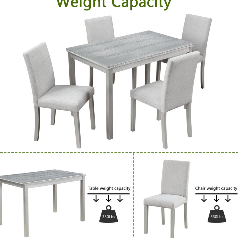 5 tables de salle à manger en bois dans un abat-jour gris argenté, table rectangulaire avec décor en cristal et 4 chaises rembourrées souples pour la décoration