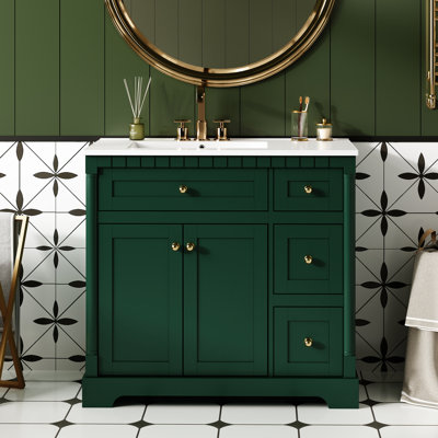 Meuble-lavabo de 36 pouces avec revêtement rétro, charnières à fermeture douce et rails coulissants lisses avec portes à fermeture, 4 tiroirs, compatibilité standard avec 8 robinets