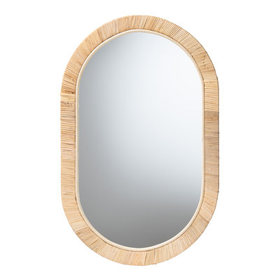 Miroir ovale moderne en bois d'acajou brun naturel et rotin naturel