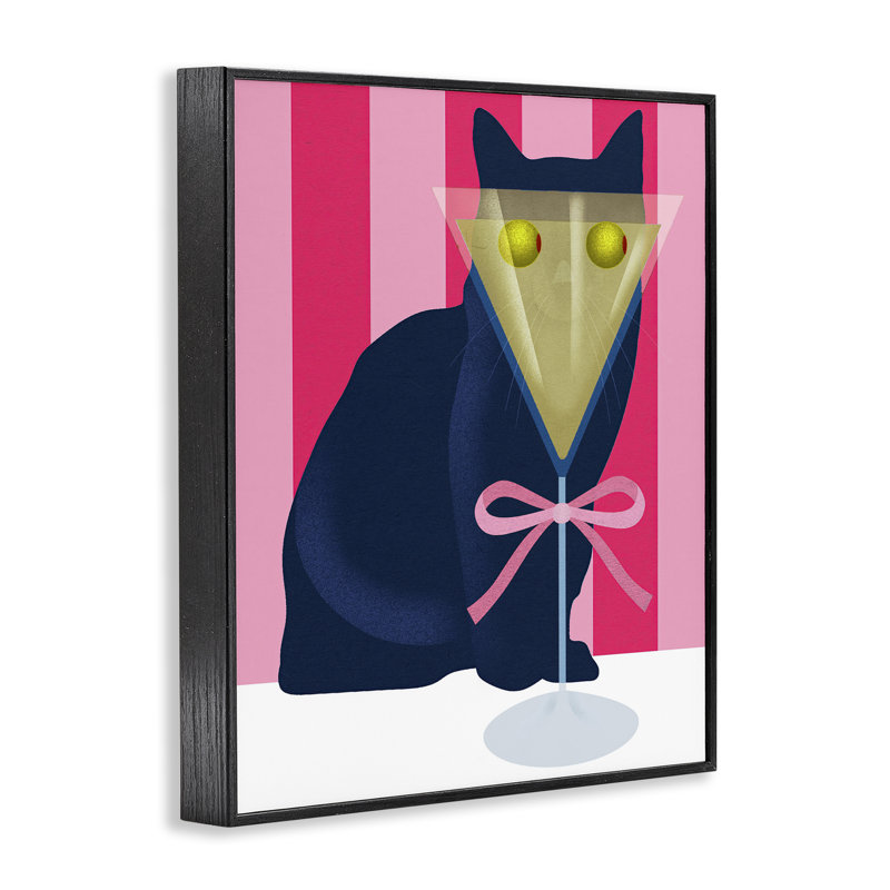 «Cat & Martini on Stripes», estampe numérique, design par Lil 'Rue, Giclée encadrée noir minuit, H 30 po x l 24 po