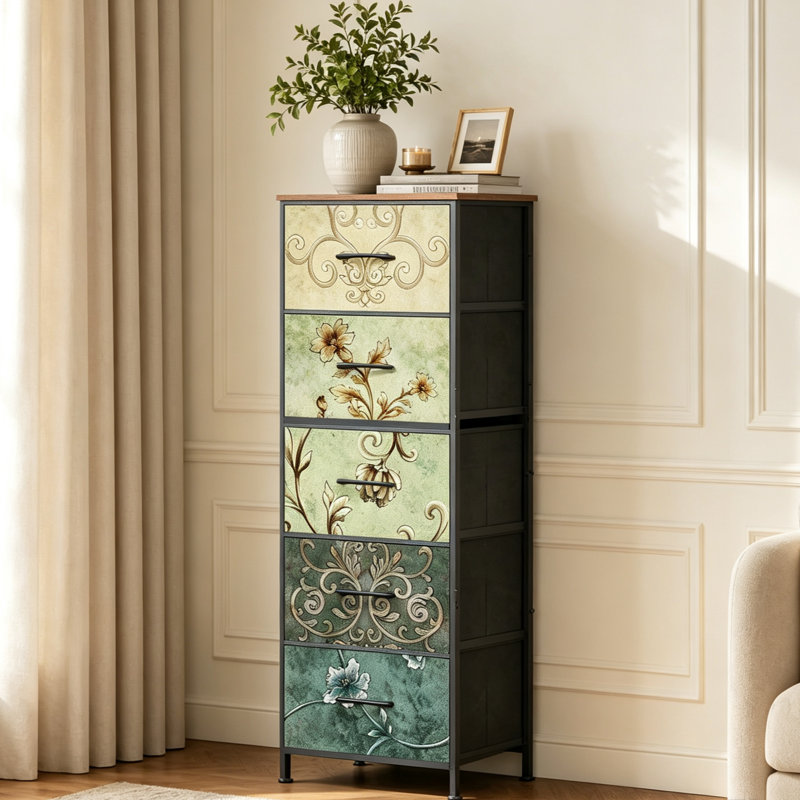 Commode verticale à 5 tiroirs avec plateau en bois Ojaswi pour chambre à coucher, commode avec structure en acier Strudy pour petit espace, tour de rangement pour placard, couloir