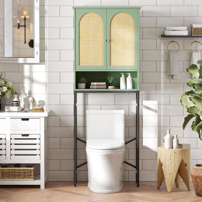 Armoire de rangement en rotin pour toilette avec support en métal, Vert