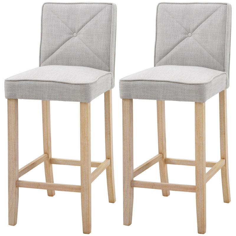 HOMCOM Modern Bar Stools Set Of 2, Upholstered Bar Height Kitchen Stools With Build-In Footrest, Solid Wood Legs, Beige