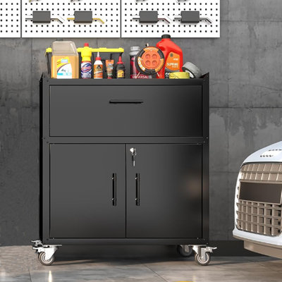 Rolling Metal Tool Storage Cabinet, Sliding Drawers & Adjustable Shelf & Lockable Wheels, Heavy Duty Steel Tool Chest & Cabinet for Garage, Warehouse, Workshop, Black (1 Drawer + 2 Locking Doors)