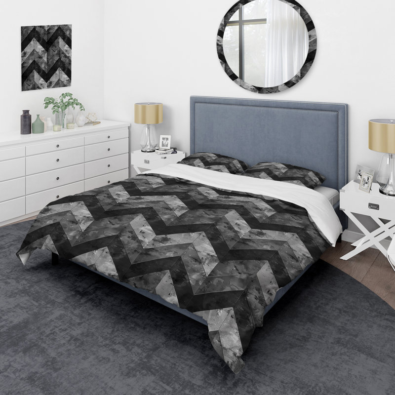 Ensemble de housse de couette moderne noir et gris à chevrons Dreams I, Housse de couette pour grand lit et 2 taies décor