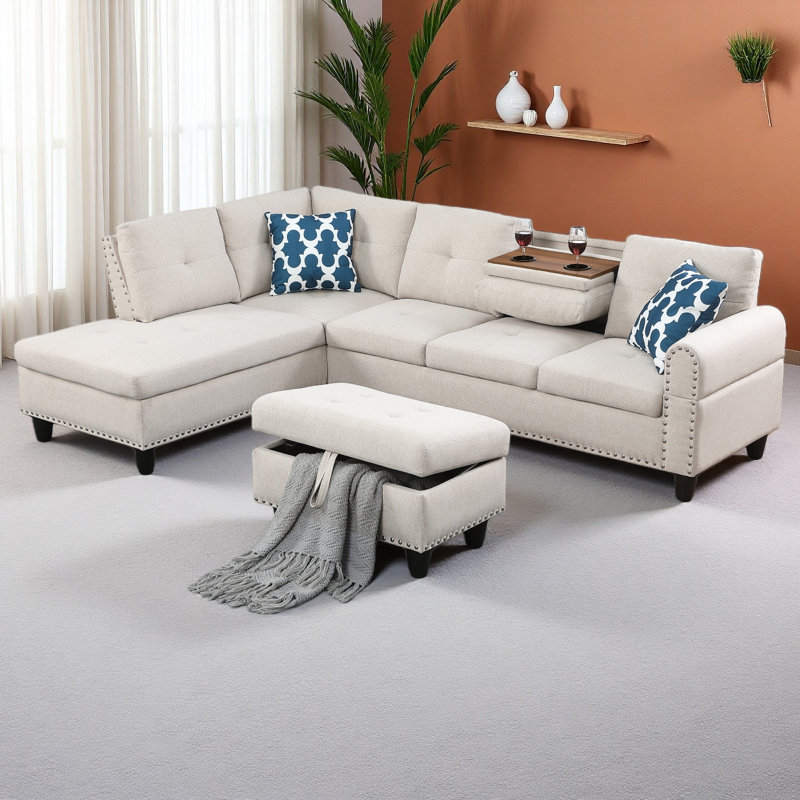 Rivet-Trimmed L-Shaped Sofa, Beige Linen