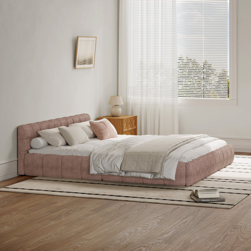 Chenille Upholstered Bed Frame With Headboard, Pink, California King