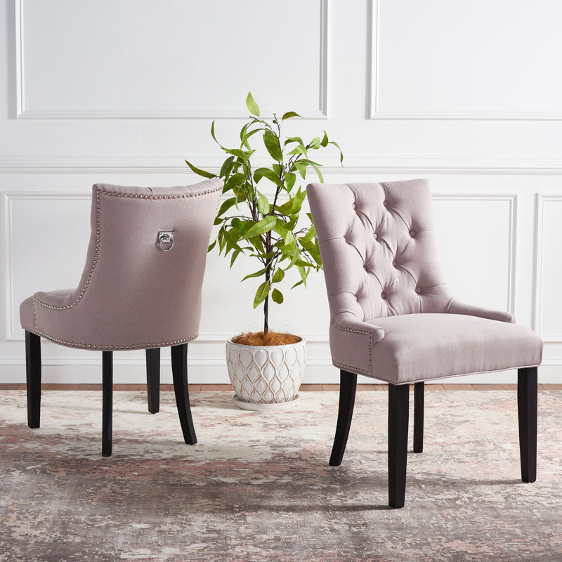 Chaise d'appoint rembourrée en lin et capitonnée Dann, Lin beige