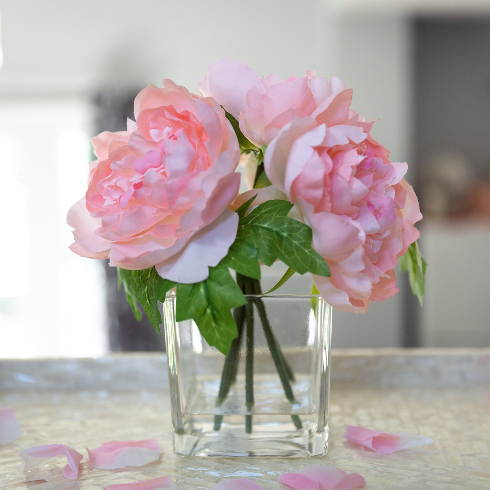 Villela Peony Floral Arrangement in Vase, Pink