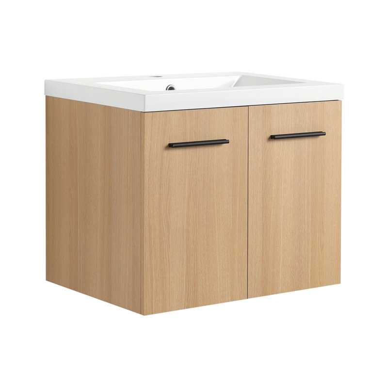 Meuble-lavabo flottant 24 po avec lavabo, armoire en contreplaqué de chêne clair, rangement à double porte mural, avec comptoir en résine