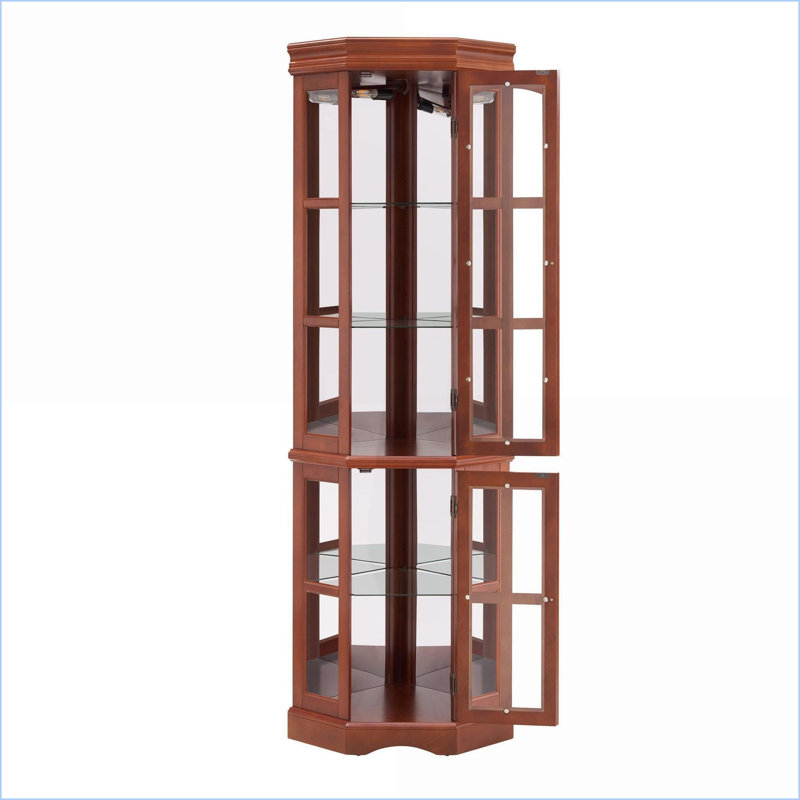 Cabinets, Corner Curio with 5 Shelves &amp; Lighting, Walnut Brown, 70.5"H x 23.3"W x 18"D | Traditional | MDF, Walnut