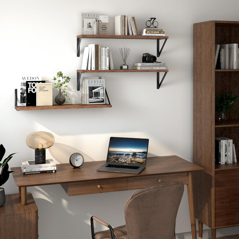 Floating Shelves Set Of 3,  Wall Mounted Shelves For Bathroom Bedroom Kitchen, Sturdy Wood Shelves With Metal Brackets, Space Saving Storage Solution