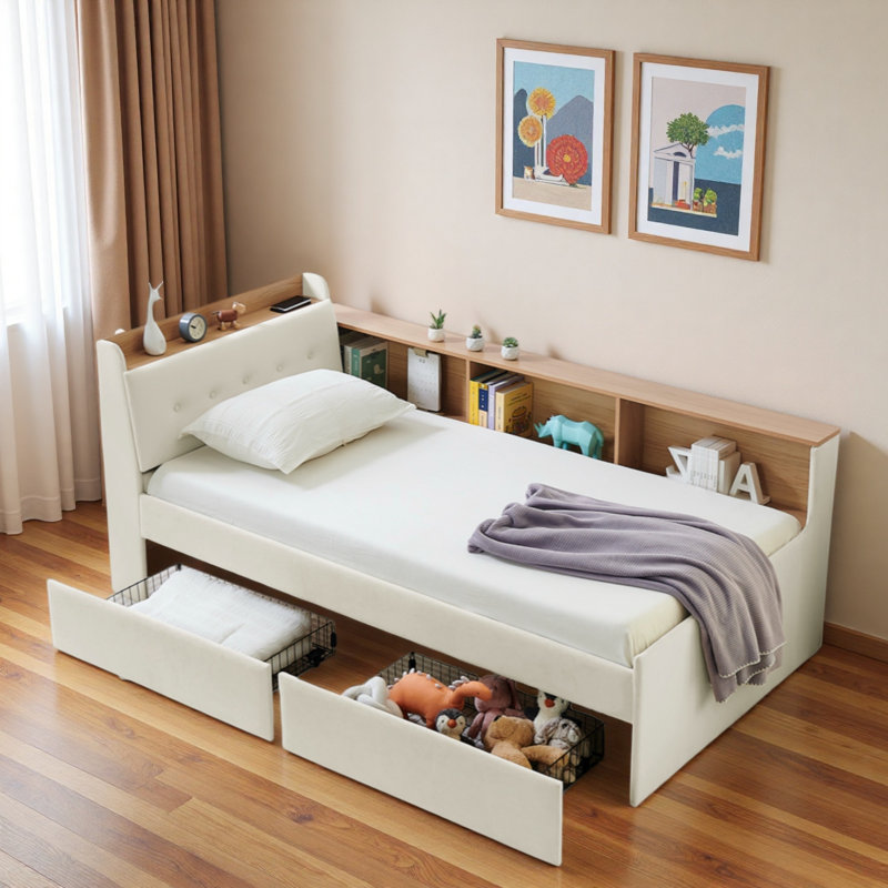 Multi-functional Daybed With Storage Headboard, Wireless Charging, 2 Storage Drawers And Led Lights, Beige