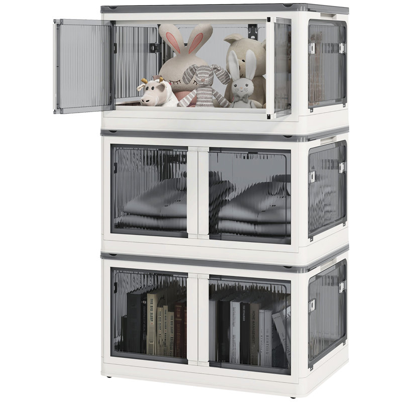 32 bacs de rangement empilables, 3 paquets d'unités en plastique pliables. Rangez les livres et les chapeaux. 5 accès. Blanc. L 18,59 "X H 15,63" avec couvercles. 3 organisateurs. Accès et roues. Pliable pour plus de commodité.