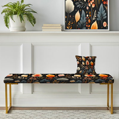 Jaune et bleu à motif de plumes florales - Banc rembourré floral doré