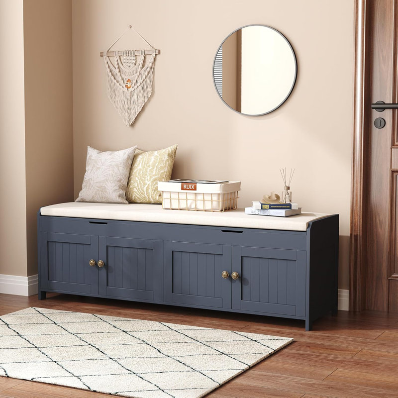 Banc à chaussures 54,4 po avec rangement à plateau relevable, banc de rangement pour hall d'entrée avec siège rembourré et 4 portes