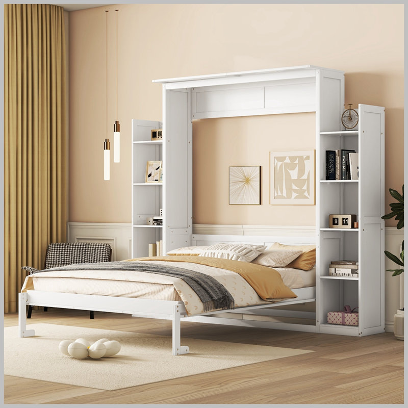 Lit escamotable moderne avec tablettes et lumières DEL Modern, Grand, Blanc