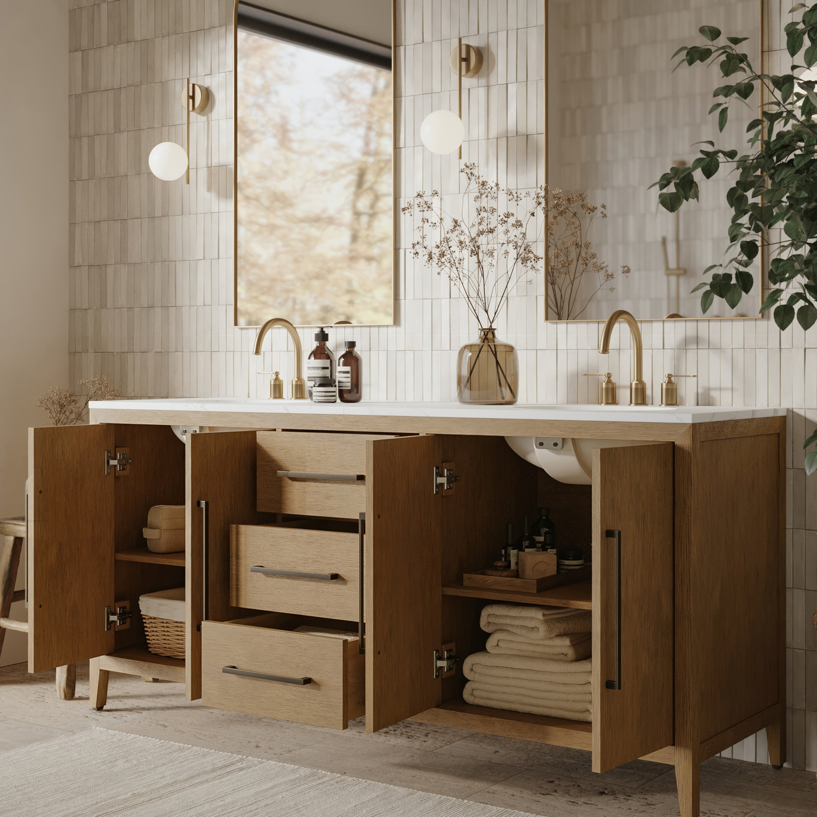 Alsup 72" Oak Double Bathroom Vanity, Wire Brushed Oak