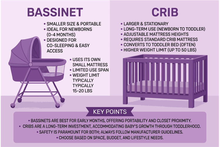 Bassinet vs crib comparison infographic showing a bassinet with a partially covered top and a standard wooden crib comparing portable bassinets for newborns versus full-size cribs designed for long-term infant and toddler use