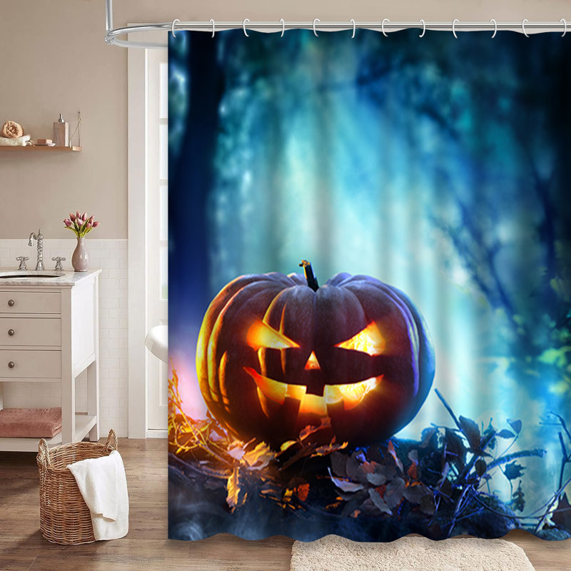Rideau de douche d'Halloween citrouille effrayant bleu nuit avec 12 crochets, L 72 po x l 78 po