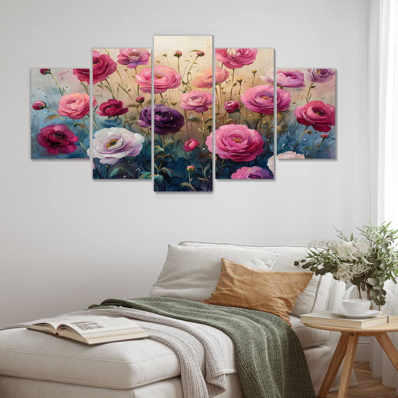 Garden of Love - ensemble de salon art mural Renoncule rose et bleu