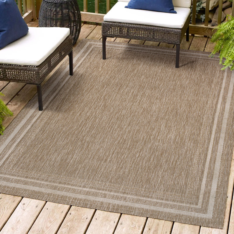 Caherty Lido Traditional Casual Pinstripe Border Beige/Cream Indoor/Outdoor Rug, Rectangle 7'10" x 10'