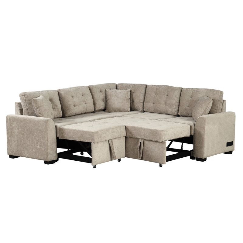 Khaki L-Shape Sleeper With Wheels & Power Sockets. Ports, Space Saving For Living Room. Soft Stable Frame 82.6" Convertible Bed In Khaki. With Wheels, , Comfortable Cushions Structure