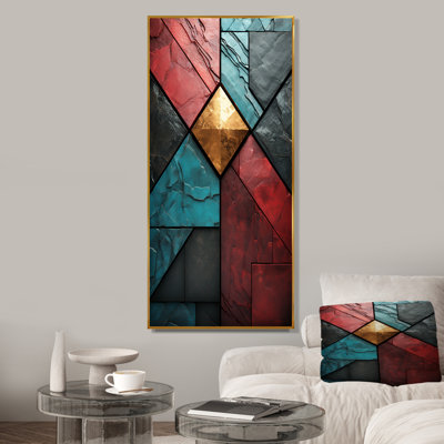 Carreaux à chevrons bleus et rouges Elegance III - art mural abstrait