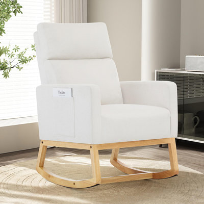 Chaise berçante pour chambre de bébé, chaise berçante coulissante en lin avec poche latérale et pieds en bois, chaise d'appoint moderne pour petit espace, salon, chambre à coucher, ivoire