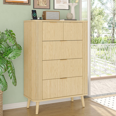 48" Tall Mid Century Modern Chest Of Drawers,Fluted 5 Drawers Dresser For Bedroom With Curved Profile Design, Wood Storage Dressers For Closet Bedroom, Living Room, Hallway, Entryway
