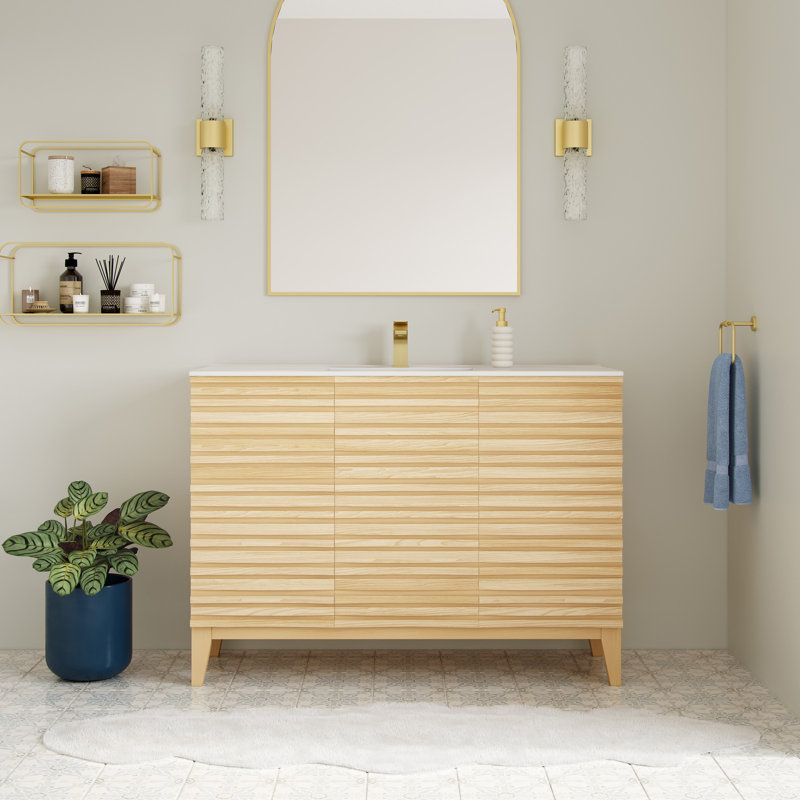 Meuble-lavabo Cascade 48 po en chêne naturel, Chêne naturel, Trou unique, Blanc