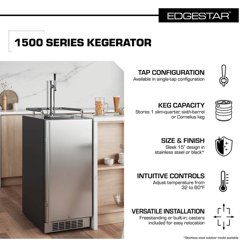 EdgeStar 3.35 Cubic Feet Single Tap Freestanding Kegerator with Door Lock and, Stainless Steel