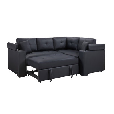 Donovan 84.5"W Black PVC Fabric Sleeper Sectional With USB Charger, Cupholders, Storage Arms