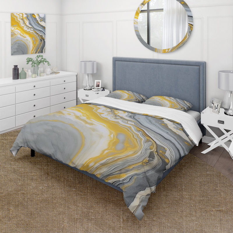 Ensemble de housse de couette abstrait gris et jaune Marble Symphony, Housse de couette très grand et 2 très grandes t