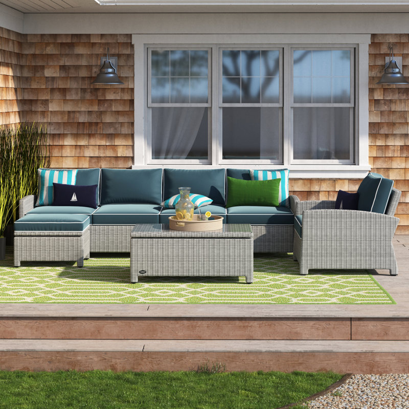 Ensemble de conversation modulaire en rotin 5 pièces avec coussins Regina, Brun patiné, Velours bleu marine