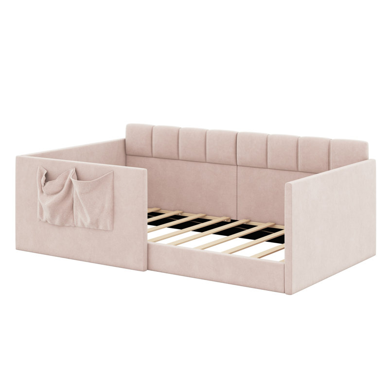 Upholstered Daybed High Side Panels Privacy Design with Side Entrance & Storage Pockets, Twin, Pink