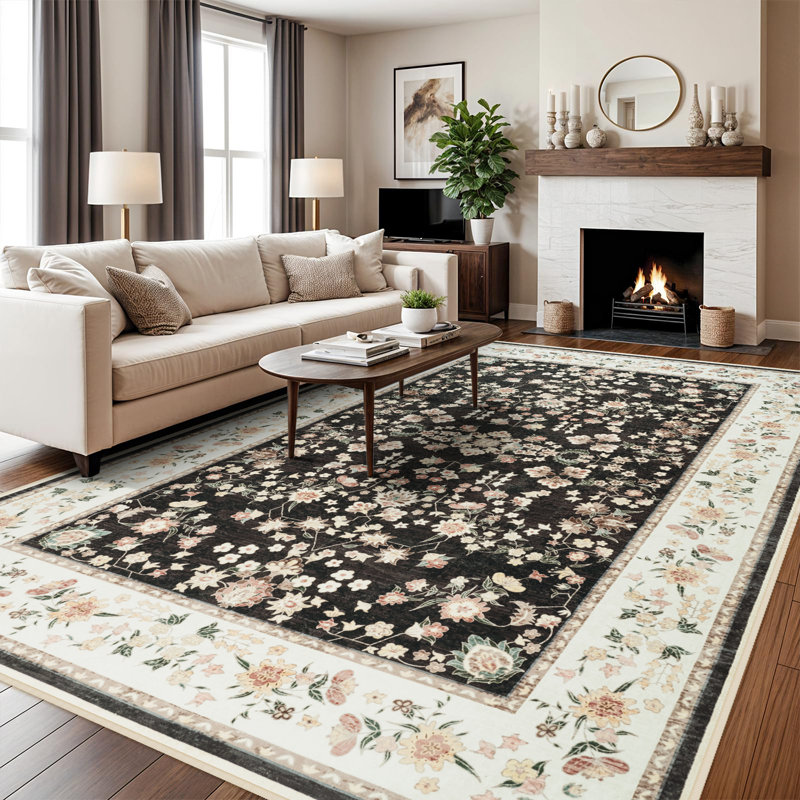 Large Oriental Floral Living Room Rug Washable Bedroom Rug Non-Slip Colorful Vintage Accent Floor Carpet For Home Decor