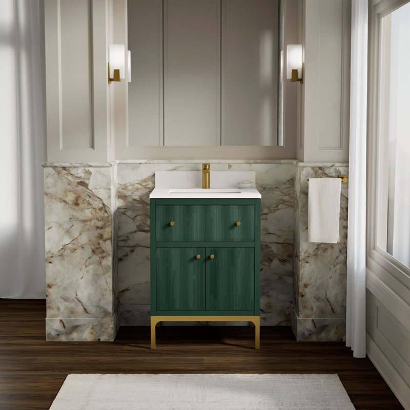 Calpa Bathroom Vanity Cabinet With Sink And Quartz Top, Green, 24"