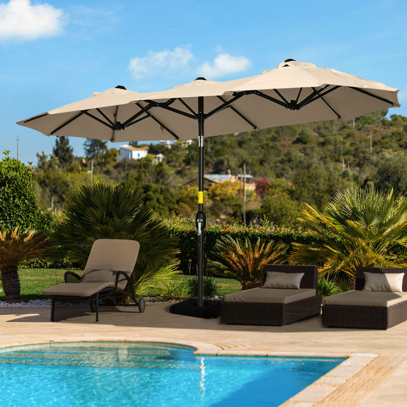 Parasol double de 9,5 pi avec dispositif d'inclinaison et de manivelle, 3 évents, 12 nervures, brun pour la protection extérieure