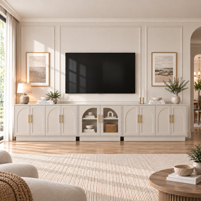 Arden 149.5"W Modular Arched TV Stand with 10 Doors, Extra Wide Entertainment Center with Glass Display Cabinet