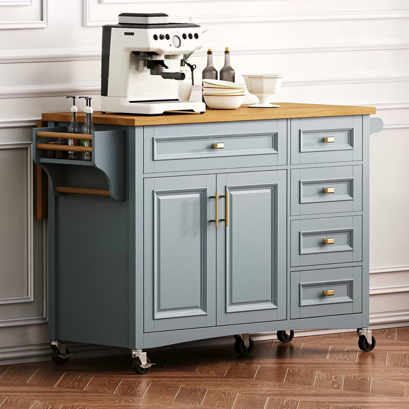 52'' Kitchen Island With Drop Leaf, Embossed Texture Kitchen Island On Wheels With Spice Rack, Towel Rack, 2 Doors And 5 Drawers, Kitchen Storage Cart With Adjustable Shelf For Kitchen