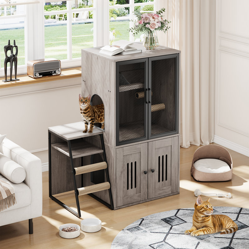 Enceinte de litière pour chat pour 2 chats et portes, maison pour chat double avec espace de rangement, meuble de litière fermé avec échelle