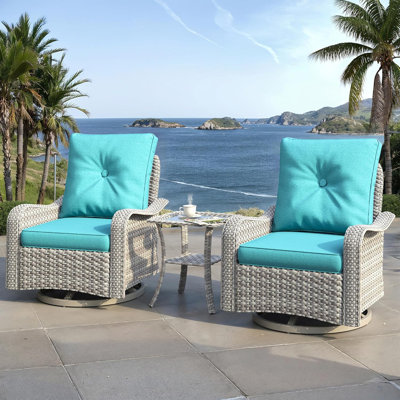 3 Piece Outdoor Wicker Swivel Glider Chairs Set With 5" Cushions And Side Table, Blue